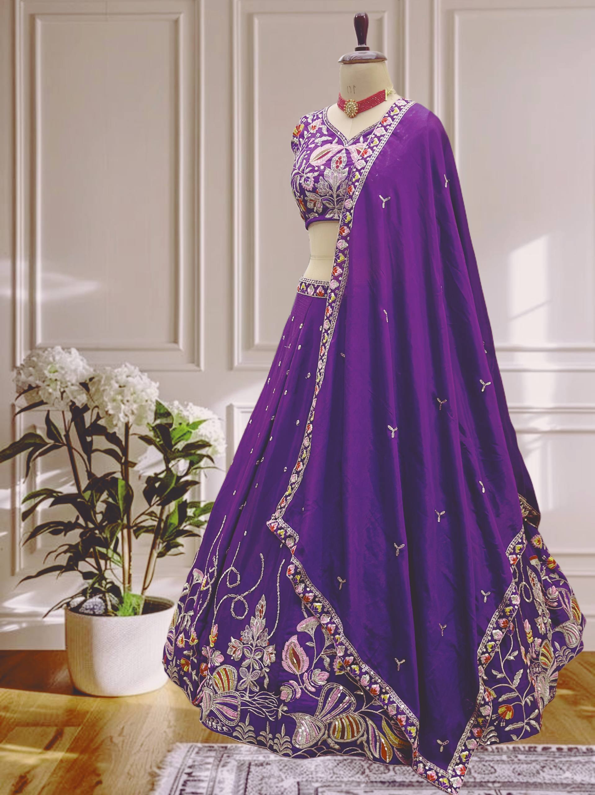 Royal Purple Embroidered Silk Lehenga Choli with Dupatta ✨🌸